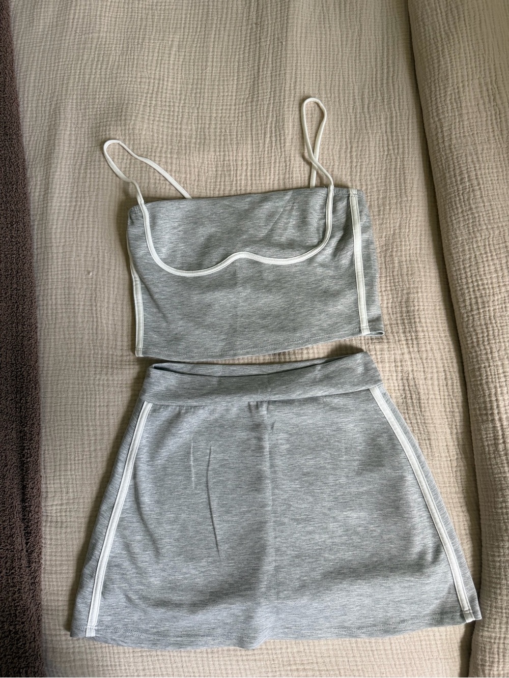 Gray Knit Two-Piece Skirt Set with White Trim